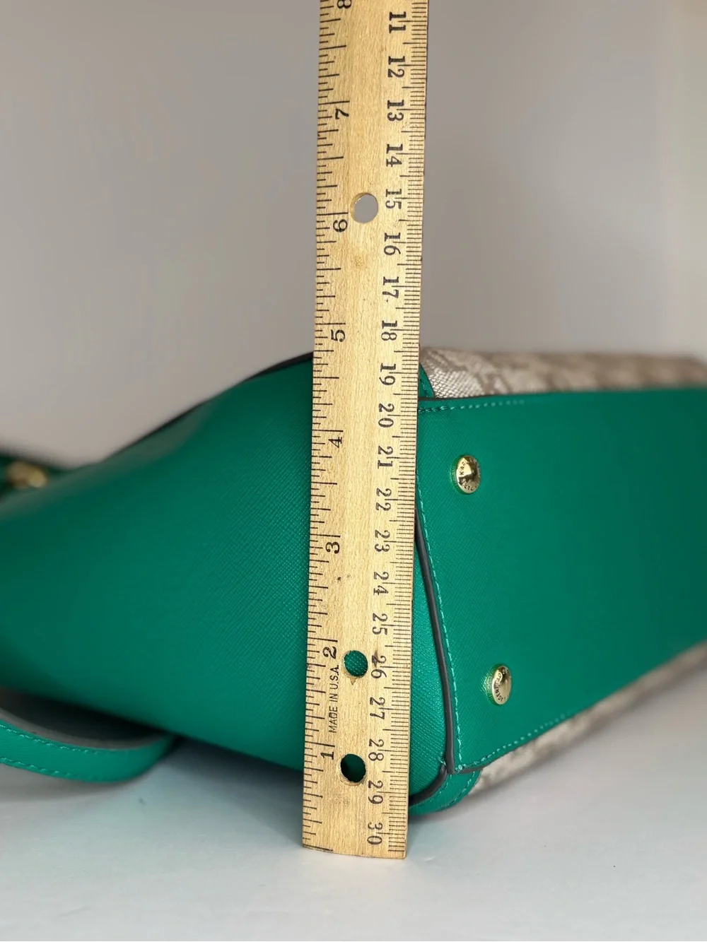 Karl Lagerfeld Teal and Beige Logo-Panel Satchel with Heart Charm